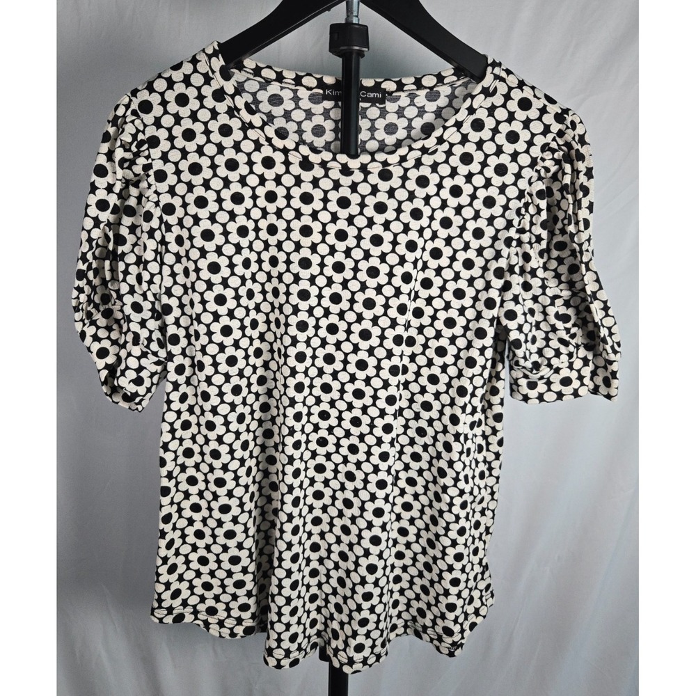 Black Cream Retro Floral Daisy Puff Sleeve Top Sz M Y2K Cottagecore Mod Feminine